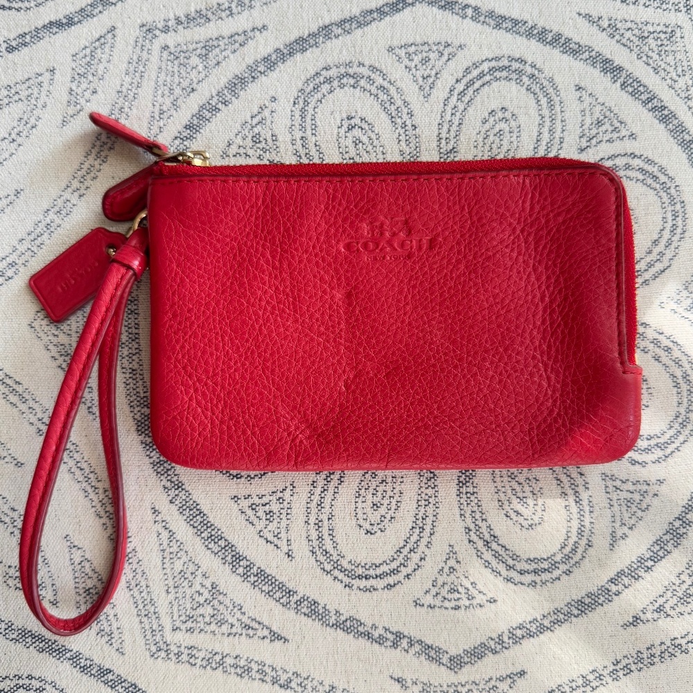 Coach Double-Zip Leather Wristlet – Red